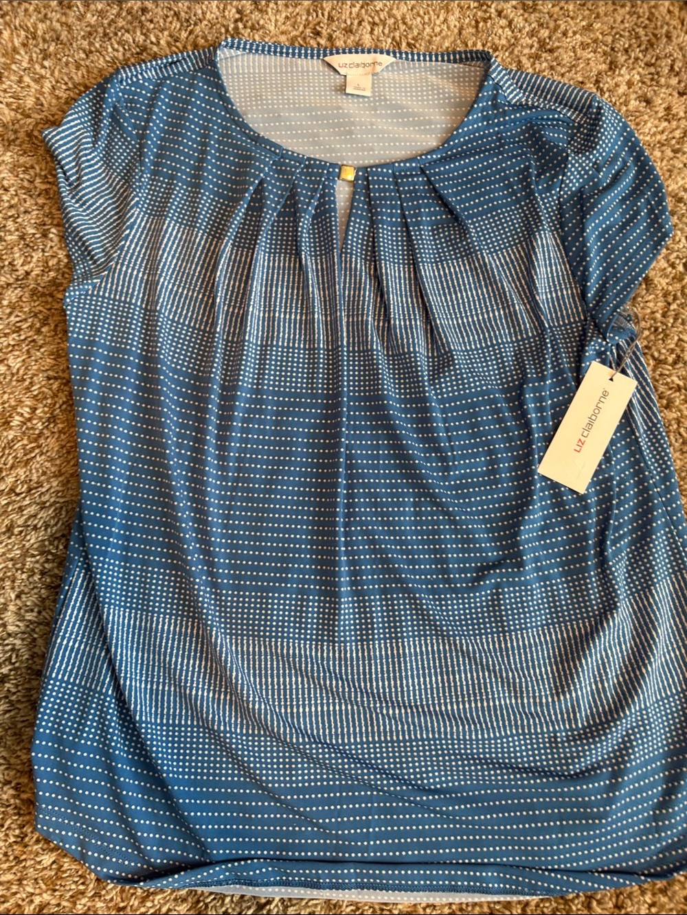 Liz Claiborne Blue and White Microdot Pleated Cap-Sleeve Top
